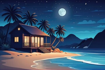 A small house with a straw roof emits light from its windows and door on a sandy beach by the sea or ocean at night, depicted in a cartoon vector landscape - obrazy, fototapety, plakaty