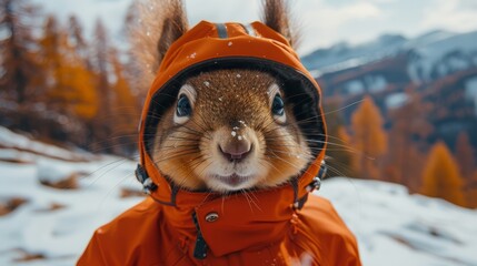   Close-up photo of a person in an orange jacket with a squirrel head emerging from the hood