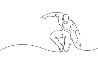Continuous One Line Drawing of Sportsman Jumping. Sport Concept One Line Illustration. Muscular Man. Male Running Line Abstract Minimalist Contour Drawing. Vector EPS 10
