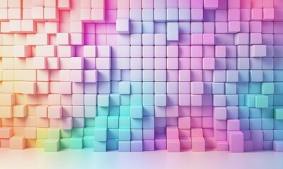 A 3D rendering of a background featuring a wall made up of random grid cubes, with a gradient effect adding depth and visual interest