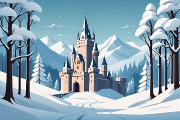 Winter cartoon fairytale landscape with royal castle in forest covered with snow vector landscape of medieval fortress with gate and towers surrounded - obrazy, fototapety, plakaty