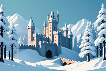 Winter cartoon fairytale landscape with royal castle in forest covered with snow vector landscape of medieval fortress with gate and towers surrounded - obrazy, fototapety, plakaty