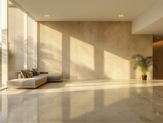 Sun-Kissed Serenity of Living room: Modern Minimalist Lounge with Lustrous Marble Floors and Tropical Plant