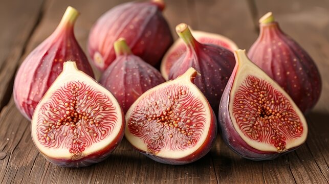   A close-up shot of a cluster of figs sitting on a wooden table; one is sliced in half while the other is partially opened