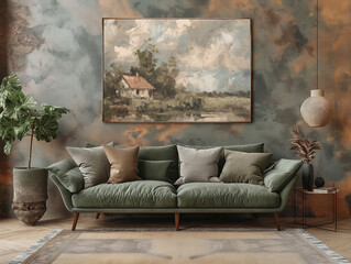 Bronze Green Scandinavian Living Room with Vintage Countryside Painting