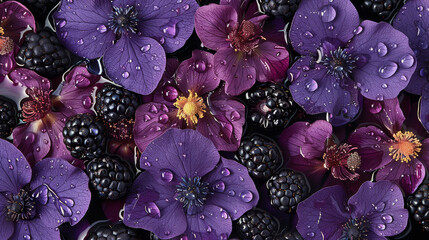   A cluster of purple blossoms featuring blackberries and raspberries surrounded by water-kissed petals - obrazy, fototapety, plakaty