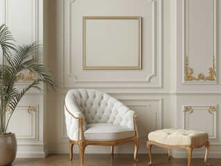 Classic Elegance in a Timeless Living Room with Tufted White Armchair and Ornate Gold Accents