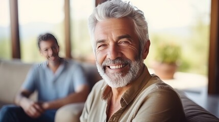 Mature male friends of different races laugh remembering times and events sitting on couch in living room of apartment. Positive emotions and lifelong friendship. Laughing at joke with acquaintances - obrazy, fototapety, plakaty