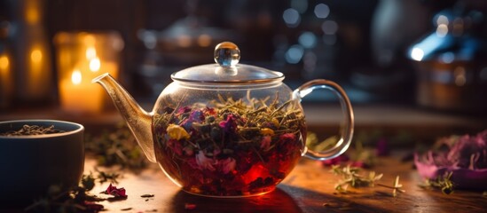 A close up of a delicate tea pot adorned with vibrant flowers sitting next to a steaming cup of tea - Powered by Adobe