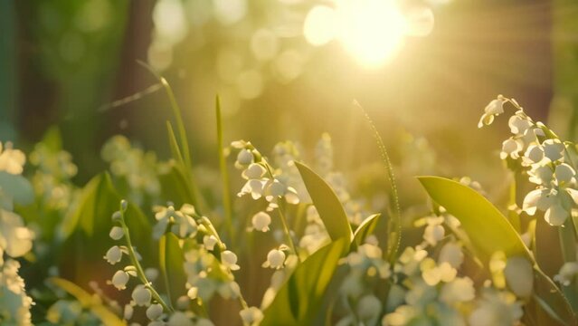 White flowers of lilies of the valley. 4k video animation