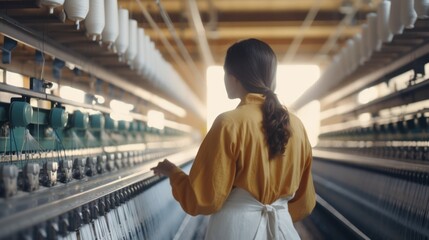 Back view of a Caucasian lady carefully working on weaving factory. A woman weaver standing at a loom works with control of the fabric production process.