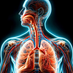 Illustration of human lung anatomy showing the bronchial structure for gas exchange and the clusters of arteries, veins in the bronchial region. - obrazy, fototapety, plakaty