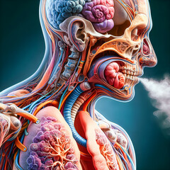 Close-up illustration of the anatomy of the human respiratory system, which allows gas exchange between blood vessels and tissues in various parts of the body. - obrazy, fototapety, plakaty