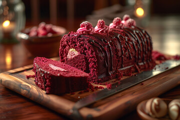 Red Velvet Cake with Cream and Raspberries, Elegant Dessert Presentation