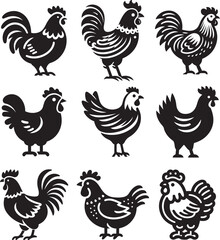 Chicken vector illustration icon set on white background. Hen flat symbol.