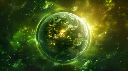 A green planet with a bright yellow sun in the background