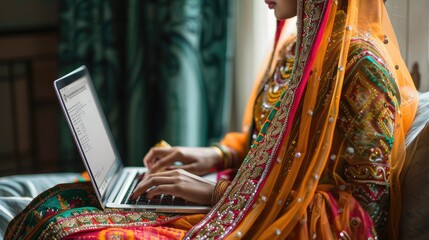 Indian woman in traditional attire is working on a laptop, cultural publications, diversity campaigns