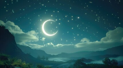 Fototapeta na wymiar night sky with a crescent moon and shining stars