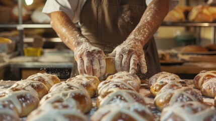 skilled bakery master preparing a hot cross buns, culinary magazines