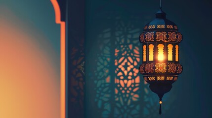 Traditional Ramadan lantern emitting warm light, festive greeting background