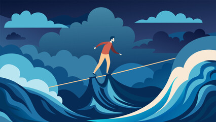 A person walking on a tightrope over a stormy sea depicting the skill of balancing and navigating through tough times.