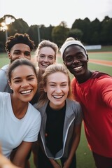 Multiracial friends radiating with happiness meets on sports ground to snap selfie. Vertical photo of a diverse friends filled with joy assemble on sports ground to capture cheerful selfie.