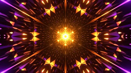 vj loop. abstract motion background. 3D glowing yellow and purple mandala style. seamless 4K