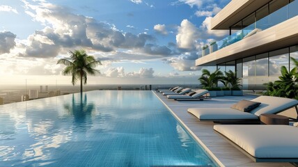 A stylish rooftop pool with infinity edges, sleek lounge chairs, and panoramic views of a modern skyline stretching out to the horizon. - obrazy, fototapety, plakaty