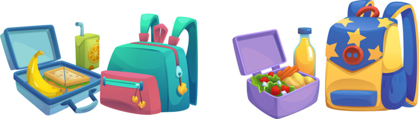 Schoolbag and lunchbox set isolated on white background. Vector cartoon illustration of color student backpacks, fresh healthy food, salad, sandwich packed in plastic box for lunch, school nutrition - obrazy, fototapety, plakaty