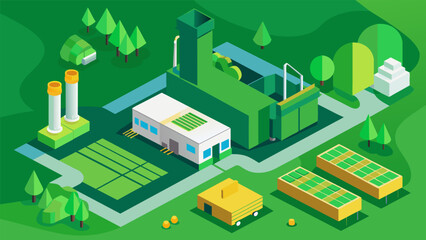 An overhead view of a manufacturing plant with a green filter highlighting the areas dedicated to waste reduction such as recycling stations