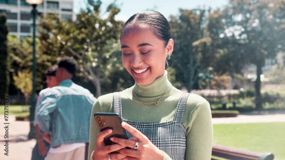 Poster Happy woman, student and laughing with phone at university for social media, communication or networking in nature. Female person or learner with smile on mobile smartphone or online chatting at park