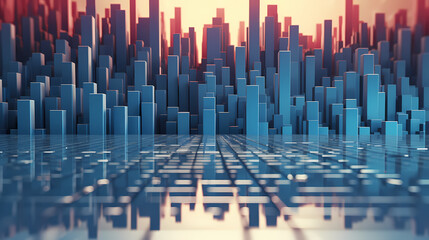 Fototapeta na wymiar Abstract cityscape, bar graph, cube shapes background
