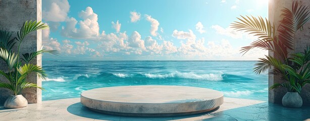 Fototapeta na wymiar Serene Beachfront Podium for Idyllic Display and Relaxation.