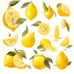 Cute Lemon with stem draw by watercolor
