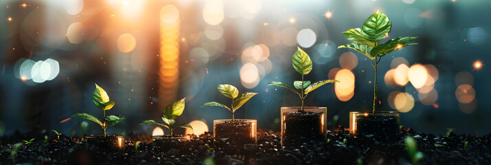 A young plants increase on sunny background growing progression evolution growth, Poster for investment Financial growth concept background and wallpaper  - obrazy, fototapety, plakaty