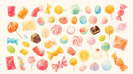 Cute Colorful Candy draw by watercolor in different sizes and shapes, 