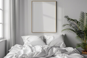 white wall with an arched Wooden brown colored shelf and a gold hanging light, a small white canvas mockup, a living room with neutral tones of beige and tan 