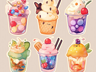 set of 6 cartoon style cup ice cream with colorful candy decorated sticker