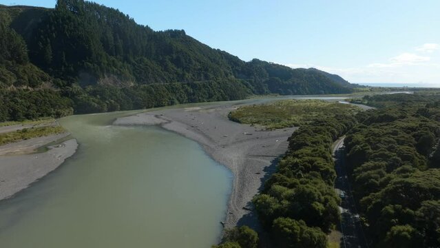 Winding river come deep from hills. Raukokore River, Raukokore, Bay of Plenty, New Zealand.