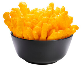 Corn snacks cheesy in Black bowl isolated on white background, Puff corn or Corn puffs cheese flavor on white With PNG File. - obrazy, fototapety, plakaty