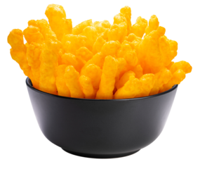 Corn snacks cheesy in Black bowl isolated on white background, Puff corn or Corn puffs cheese flavor on white With PNG File.