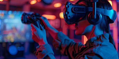 A image of a person wearing a reality headset and controllers, immersed in a gaming environment