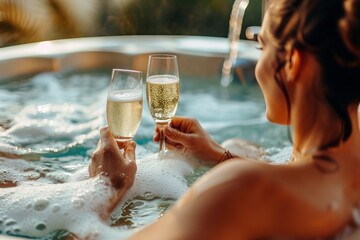 Sweet couple toasting with their champagne glasses while relaxing in the jacuzzi tub, Celebrating honeymoon in luxury. 