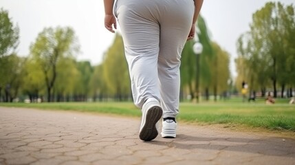Fat man in athletic attire runs on asphalt path in park on sunny day. Man enhancing physical health and shedding pounds with desire to shed weight. Active lifestyle and keeping eye on human appearance - obrazy, fototapety, plakaty