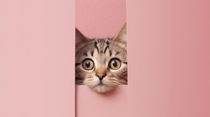 Adorable Tabby Cat Peeking Out Behind Pink Wall