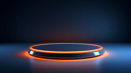 Modern minimalist pedestal with neon lighting against a dark background, perfect for product display. Generative AI