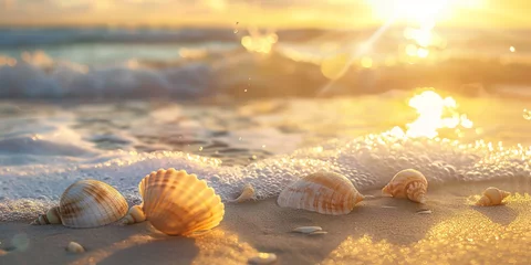 Fotobehang A image of a peaceful beach scene during golden hour, with soft sunlight, gentle waves, and seashells scattered along the shores © Yasir