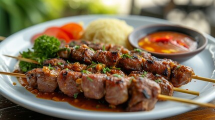 mutton satay beef chicken meat with peanut sauce and soy sauce grilled satay close up food photography