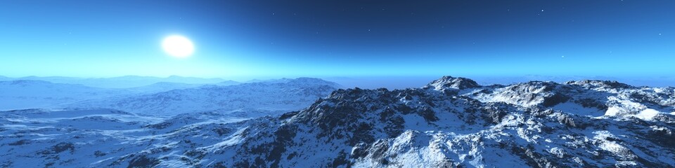 snowy mountains under sunrise, 3d rendering