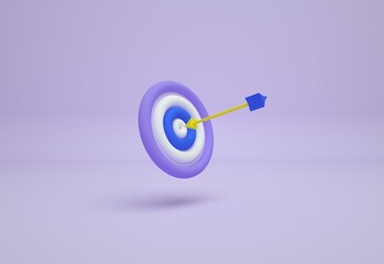 Marketing time concept. Target the business. Pink target and red arrow. Game of darts. 3d render